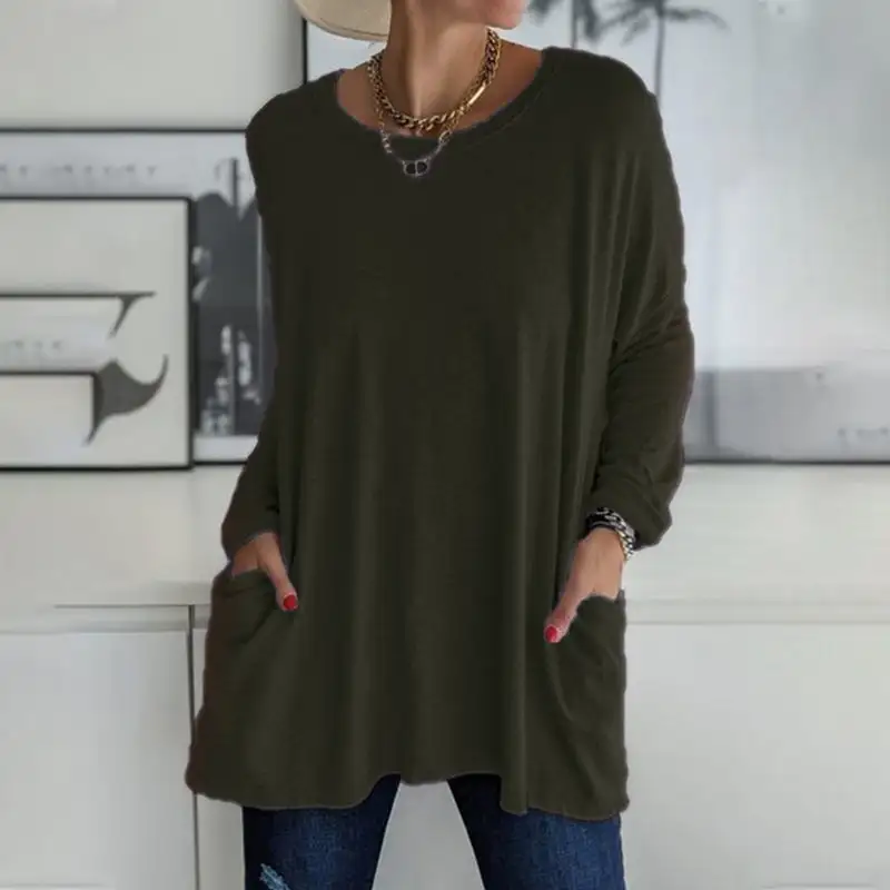 2026 Spring Summer New Round Neck Long Sleeve Pocket Solid T-Shirt