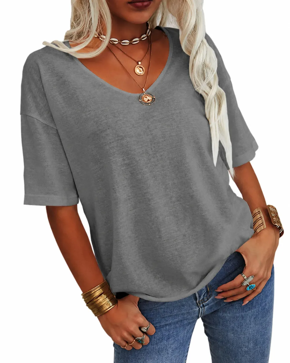 🔥7 SETS ONLY $24! WOMEN'S BASIC V-NECK SHORT SLEEVE TOP