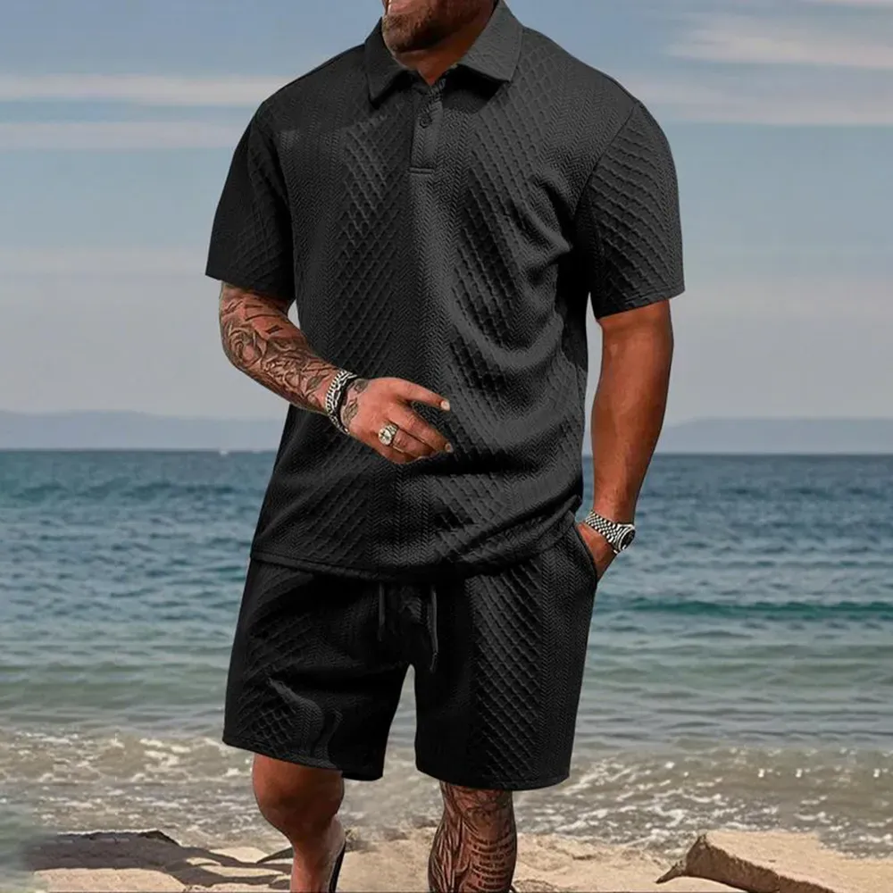 ⚡FINAL SALE⚡Men's Solid Polo Shirt & Drawstring Waist Shorts Set