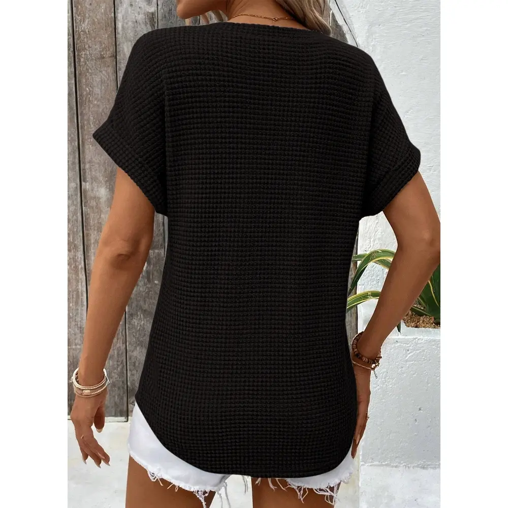 Women's Waffle Knit V-Neck Casual Summer Tops - Lightweight & Breathable Basic Tee for Beach, Party, Work
