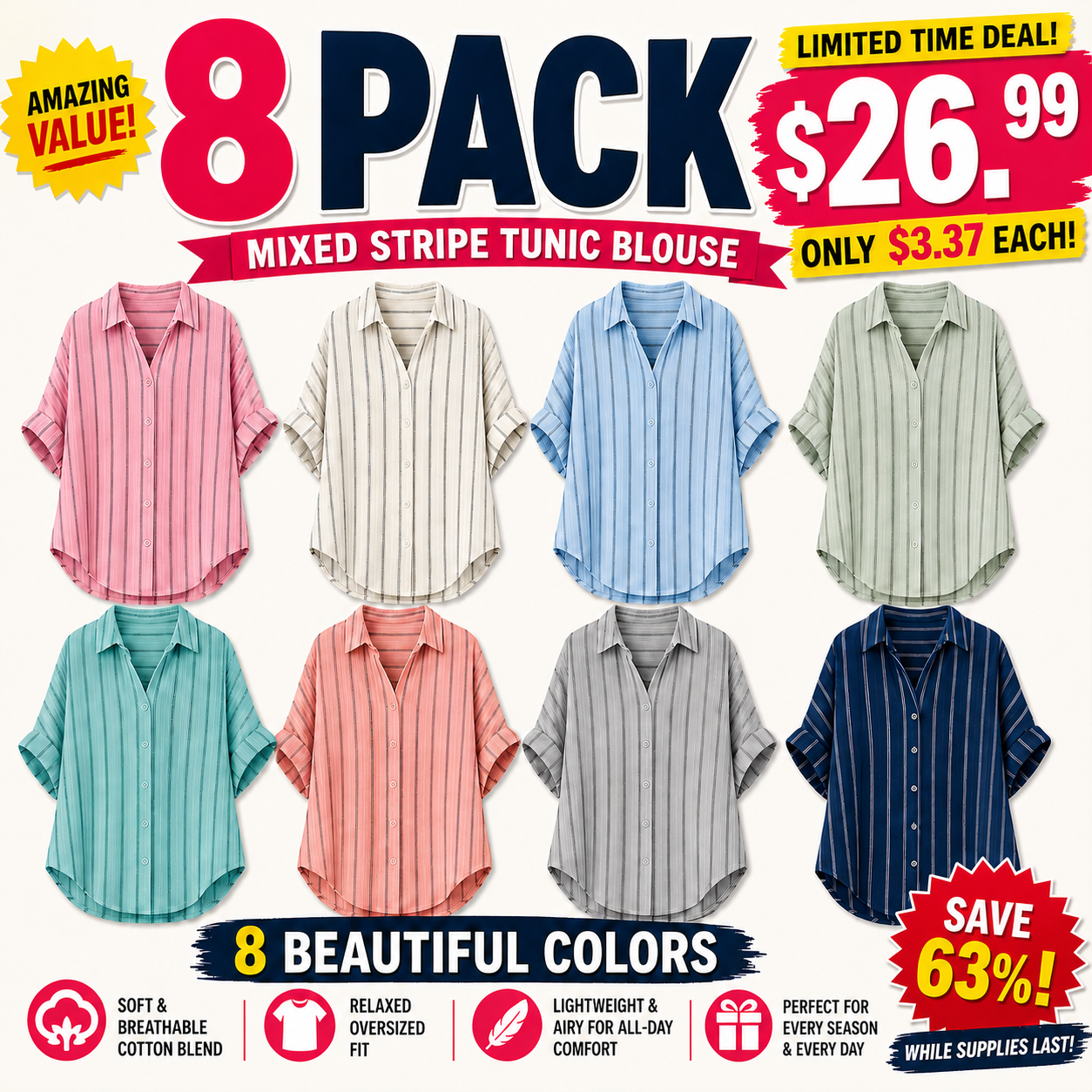 🔥Limited Deal 8-Pack Women's Cotton Linen Stripe Button-Front Tunic Blouses🔥