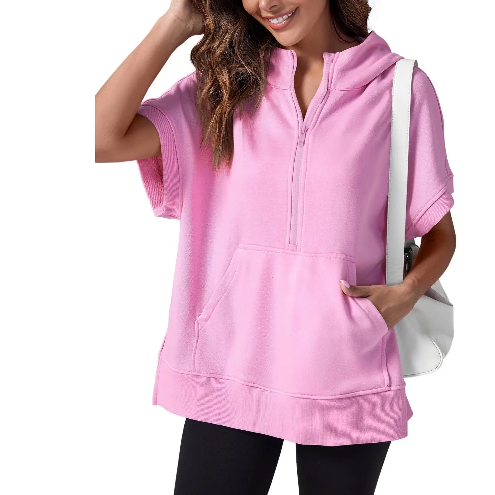 Show Now 12-PACK ONLY $21.9 Womens Oversized Half Zip Hoodies Short Sleeve Casual Sweatshirts