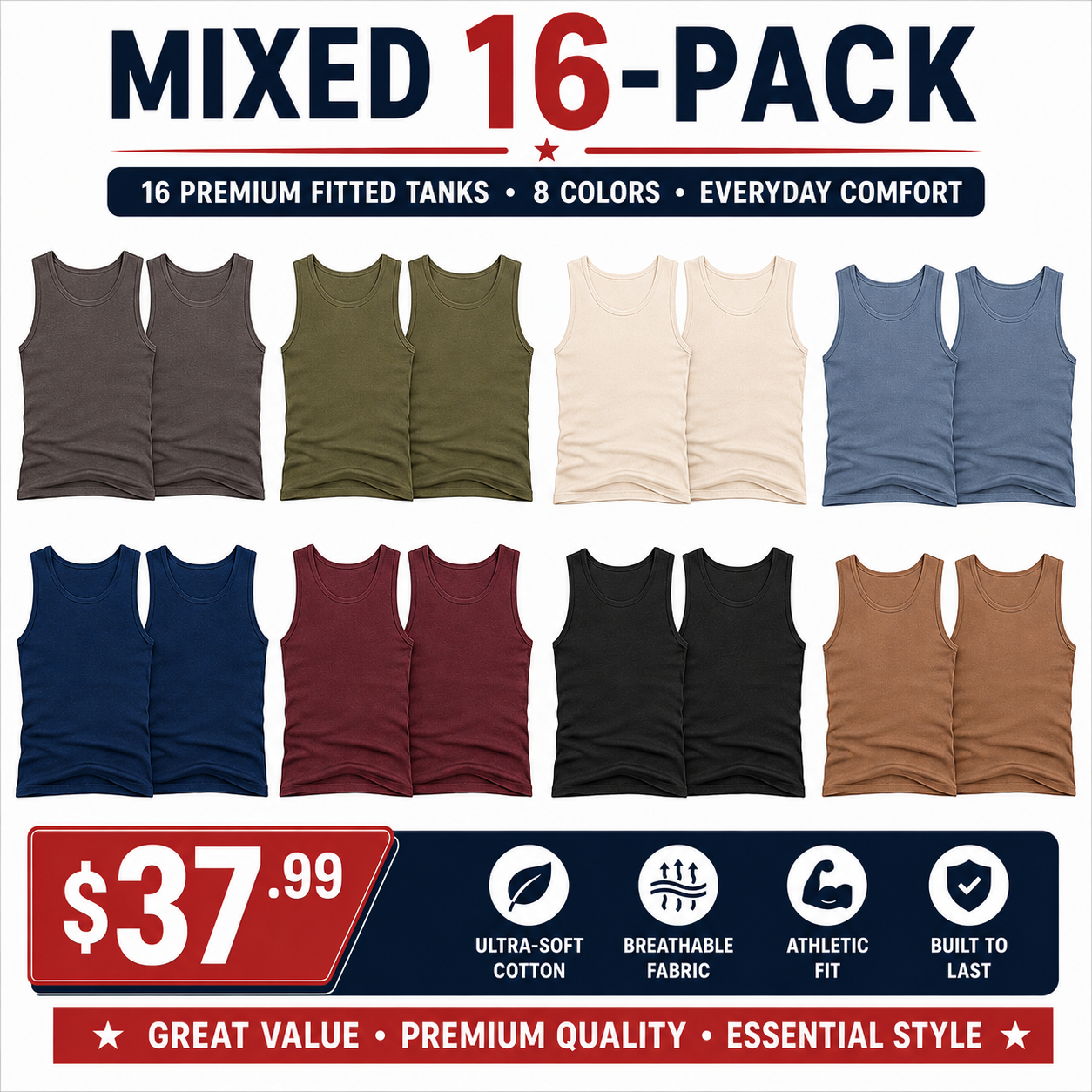 Mixed 16-Pack men's fitted ribbed tank top bundle