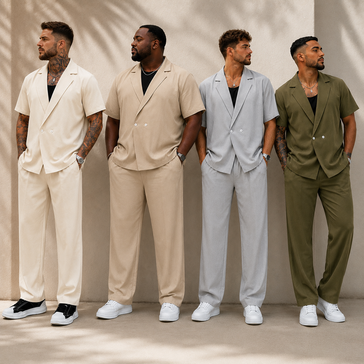 Four men wearing mixed color short sleeve lapel two piece sets