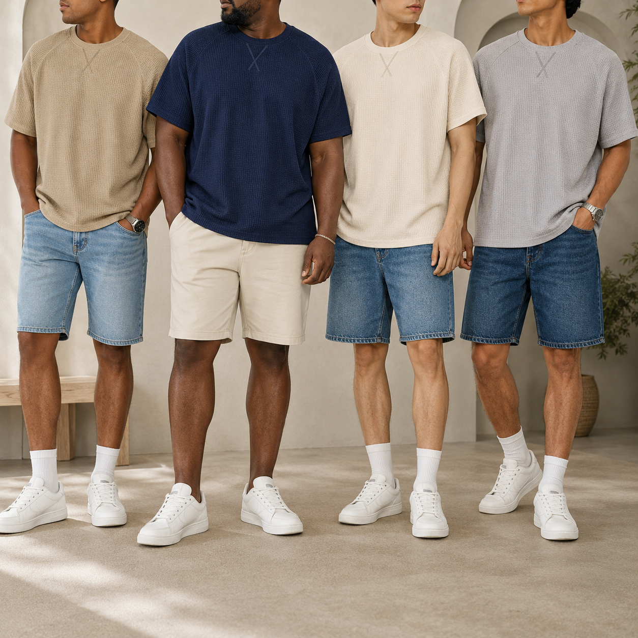 Adult models wearing waffle knit crewneck T-shirts in assorted colors