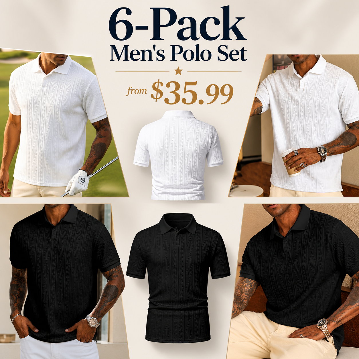 6-Pack Men's Textured Polo Shirt Set