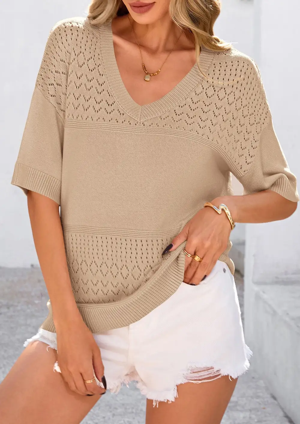 Women's ShortSleeve Sweater Tops SpringSummer Casual V Neck Ribbed KnitTrendy Eyelet Blouse T Shirts