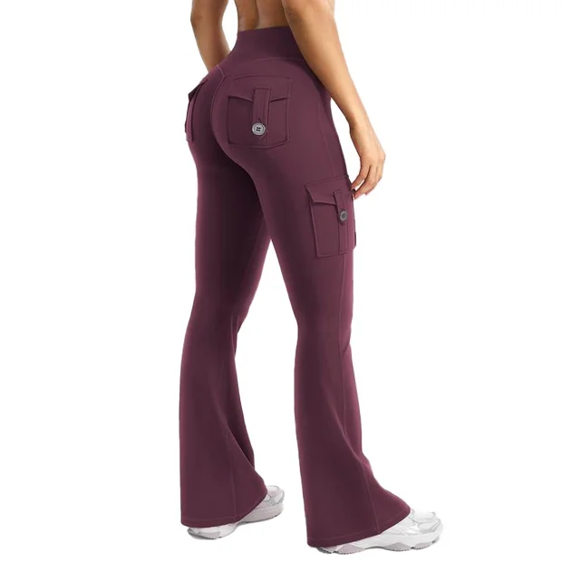 Women's Workout Flare Leggings with Pockets Hidden Scrunch High Waisted Cargo Gym Yoga No Front Seam Leggings Flared Joggers Fitness Outfit Camouflage Sports Pants 75% Nylon 25% Spandex