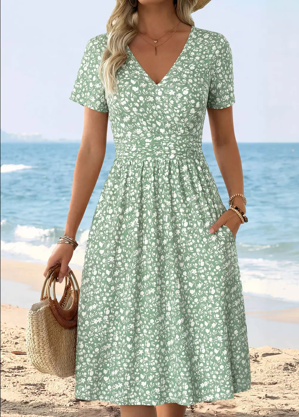 Multi Color Tummy Coverage Floral Print Short Sleeve Dress