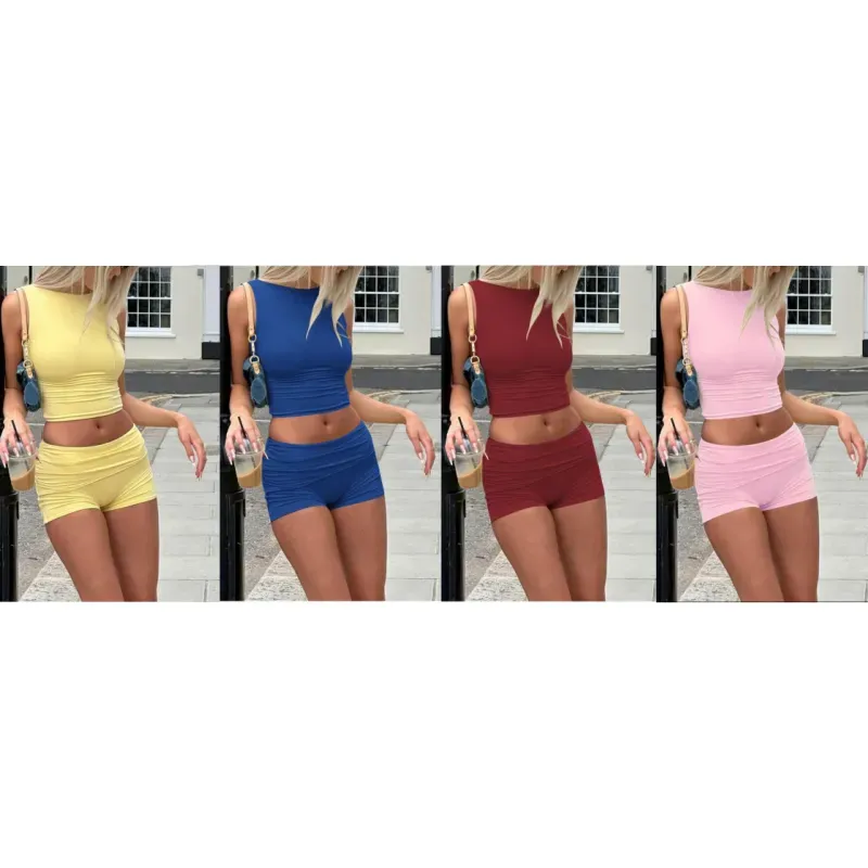 Two-piece Set Women's Solid Crop Top & Shorts