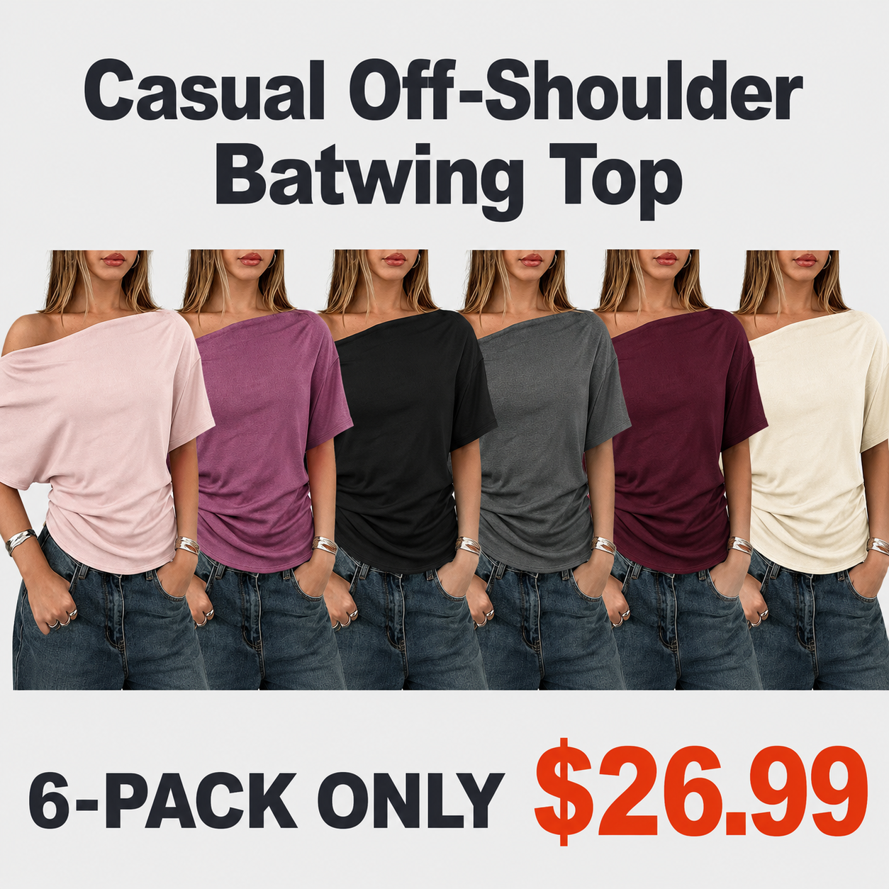 Mixed multipack image for women’s off-shoulder batwing tops