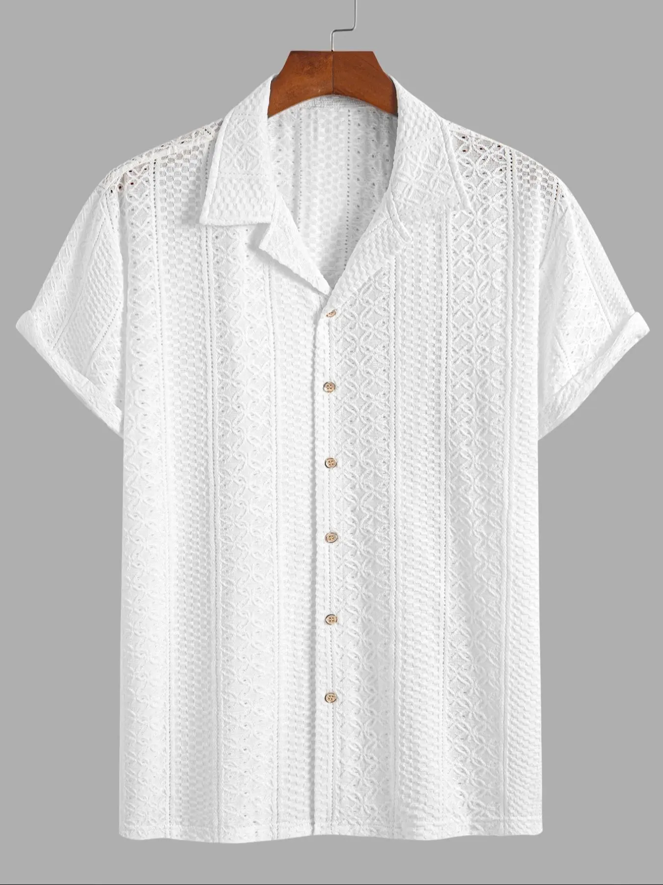 Men's Geometric Jacquard Short Sleeve Casual Shirt, Loose Breathable Relaxed Fit Casual Comfy Breathable Top for Summer