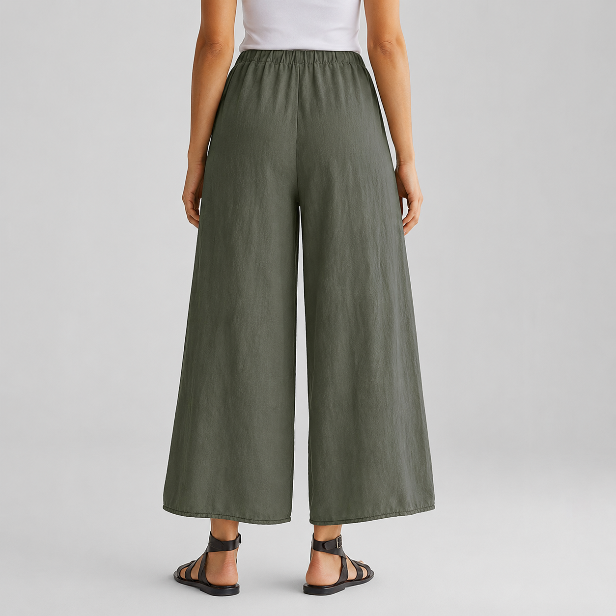 Olive sage women's wide-leg pull-on pants back view