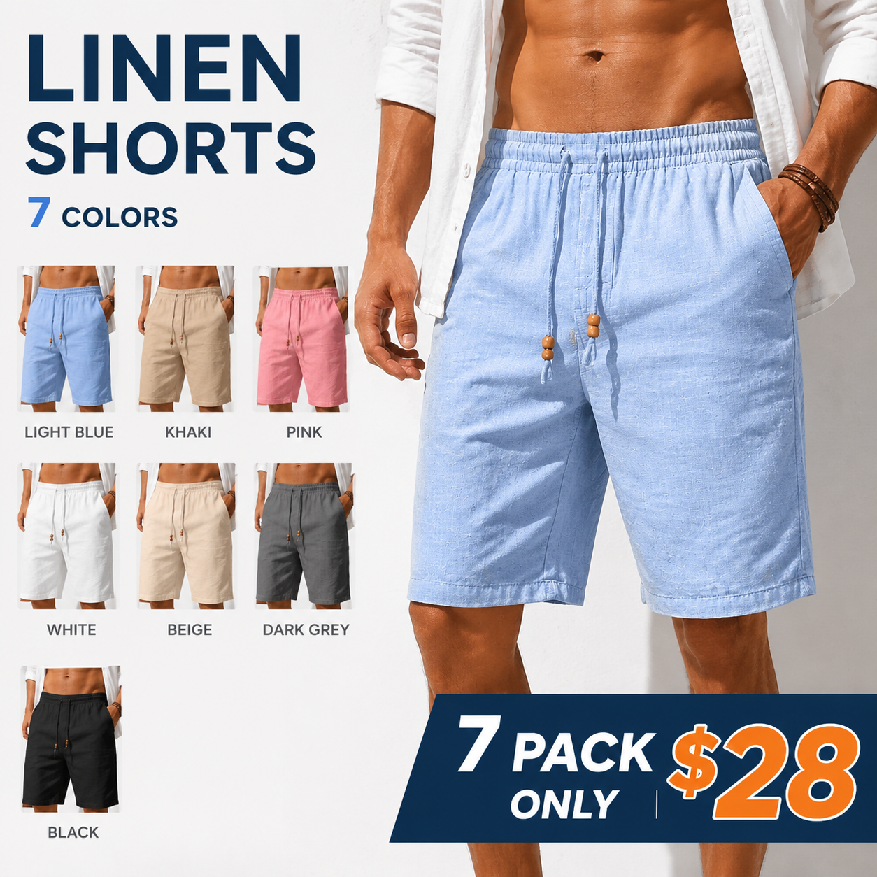 Men's Cotton Linen Shorts Casual Elastic Waist Drawstring Summer Beach Vacation Shorts with Pockets