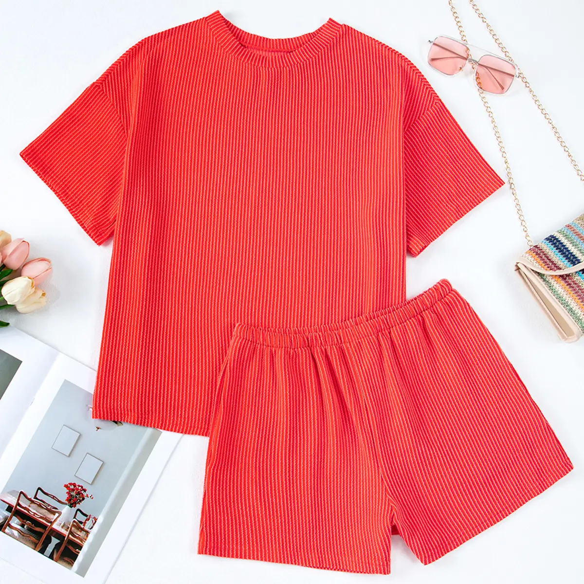 Women's Summer Ribbed Pajama Set with Pockets