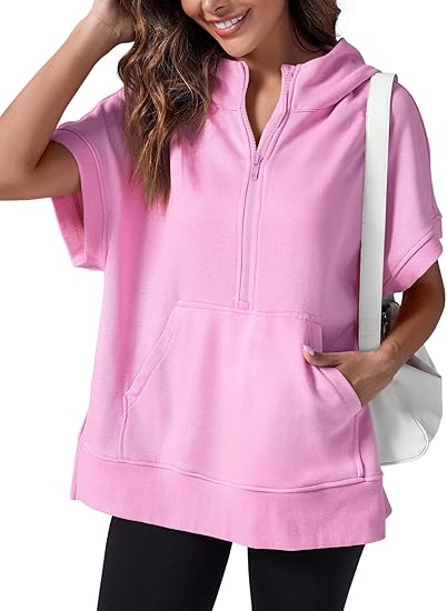 Women's Oversized Half Zip Hoodies Short Sleeve Casual Sweatshirts Pullover Tops with Pockets