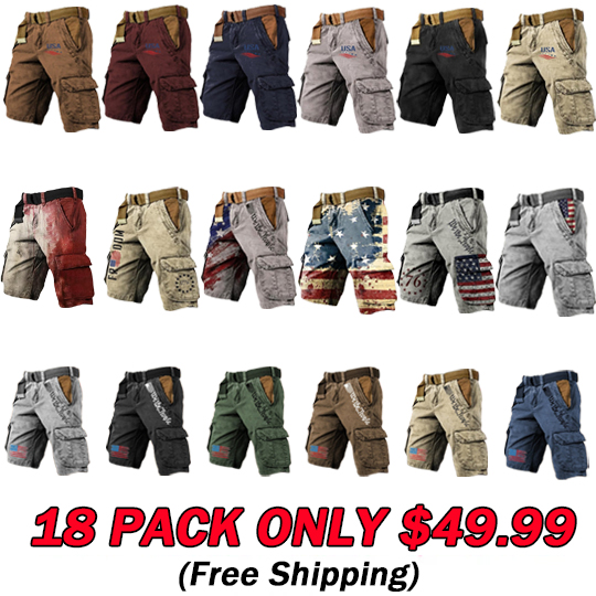 🔥Last Day 80% OFF🔥Men's Vintage Flag Independence Day Multi-Pocket Print Cargo Shorts (Belt Included)