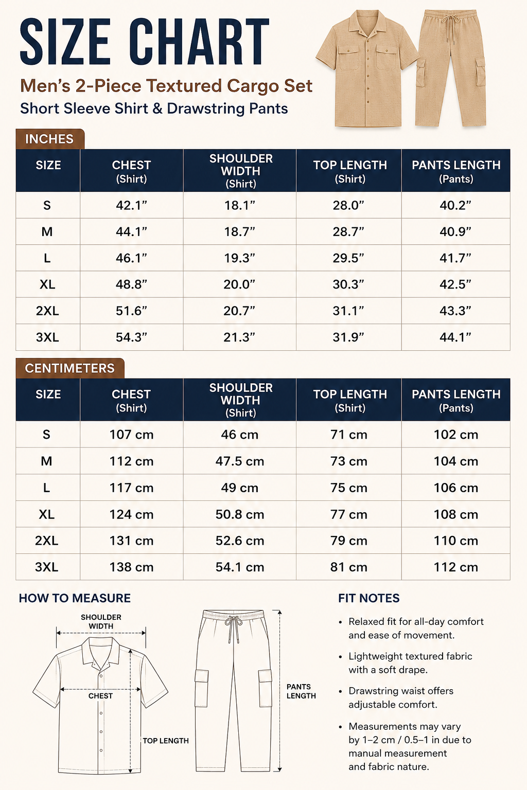 Size chart for men's textured short sleeve shirt and cargo jogger pants set