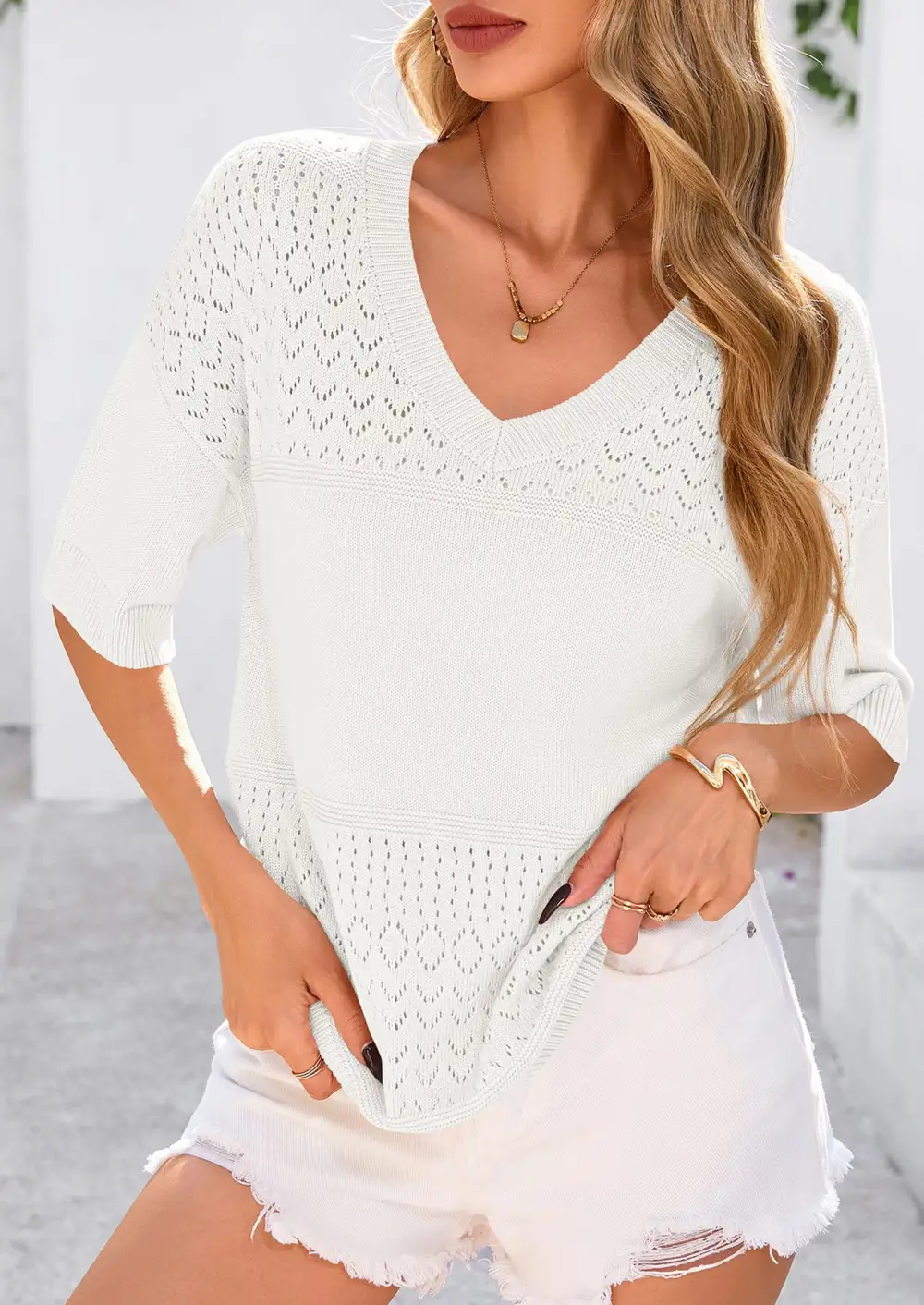 Women's ShortSleeve Sweater Tops SpringSummer Casual V Neck Ribbed KnitTrendy Eyelet Blouse T Shirts
