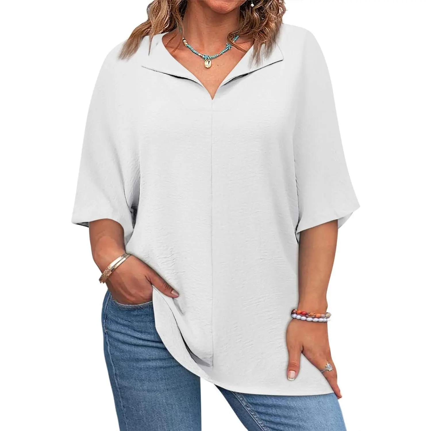 White women’s casual V-neck loose-fit blouse