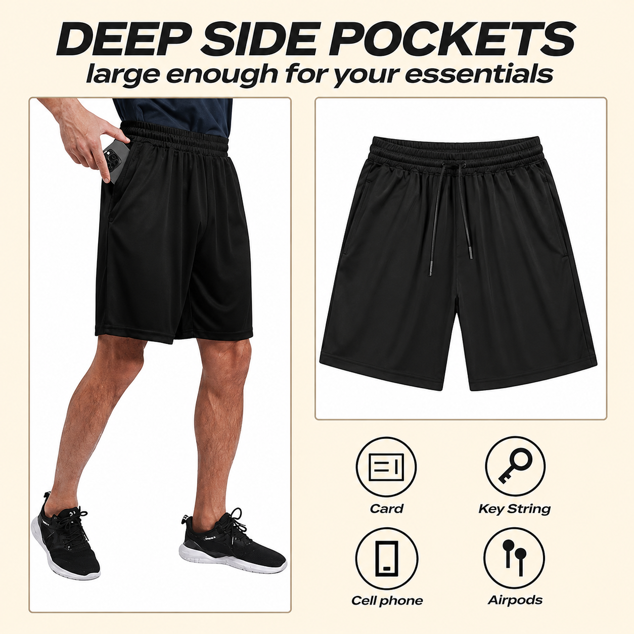 Men's Athletic Gym Shorts - Quick Dry Workout Basketball Shorts with Pockets for Running Casual Activewear, Black