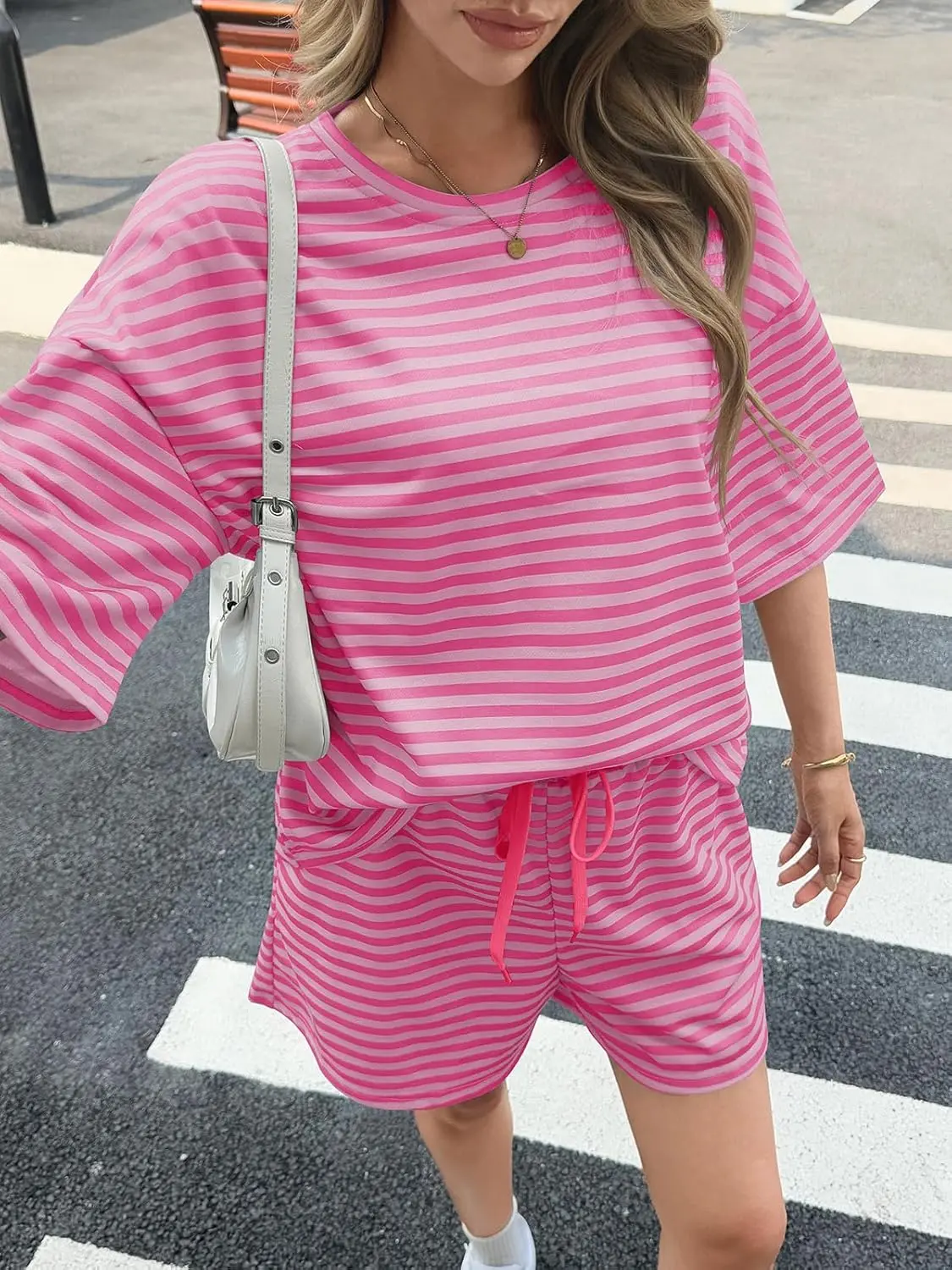 Womens Striped Short Sets 2 Piece Outfits Sweatsuits 3/4 Sleeve Pajamas Casual Lounge Sets