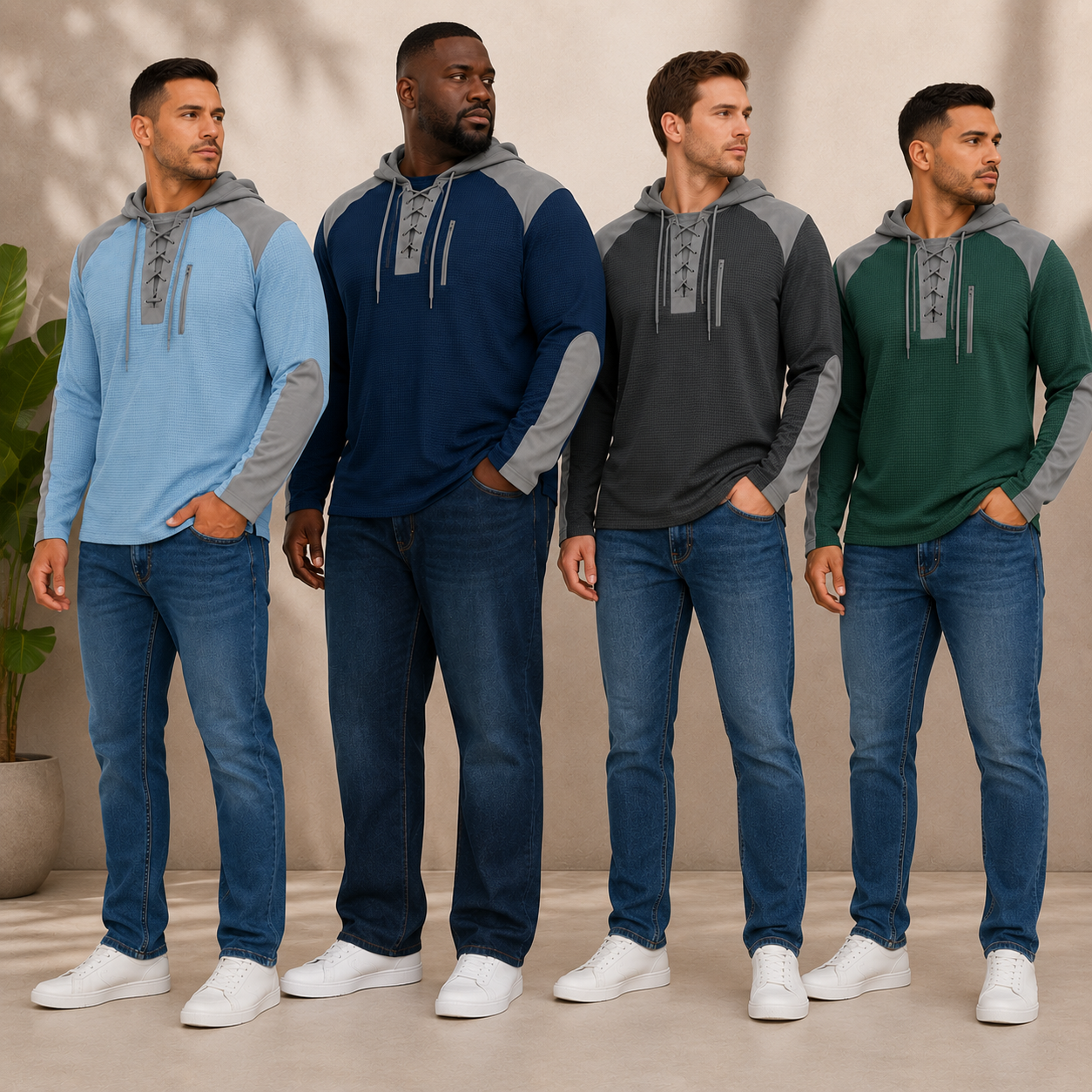 Four men wearing textured lace-up pullover hoodies in multiple colors