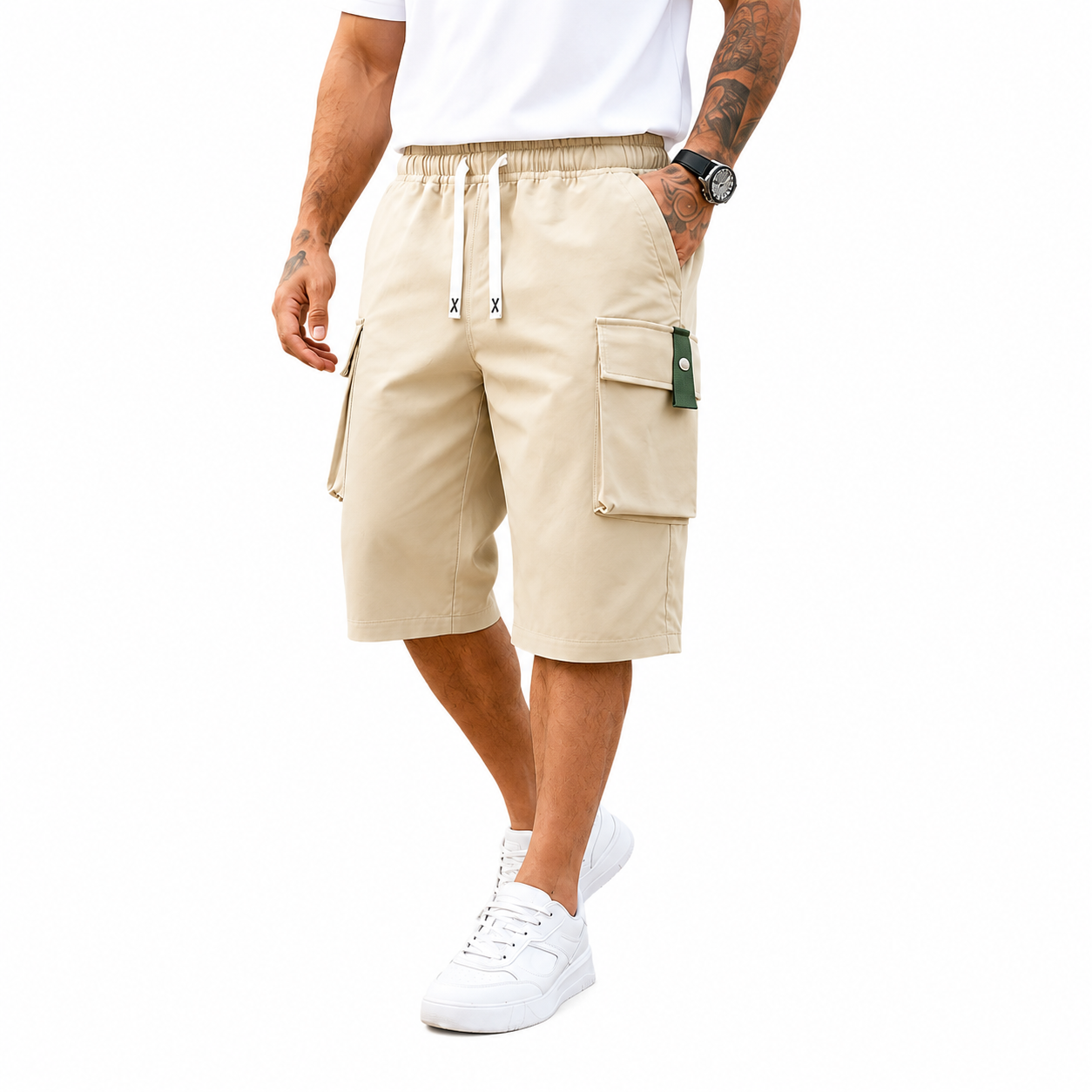 Men’s Plus Size Cargo Shorts, 3-Pack — elastic waistband design, multiple pockets, letter embroidery decoration, regular fit with a mid-rise waist, non-stretch fabric suitable for everyday wear and casual activities, non-see-through fabric