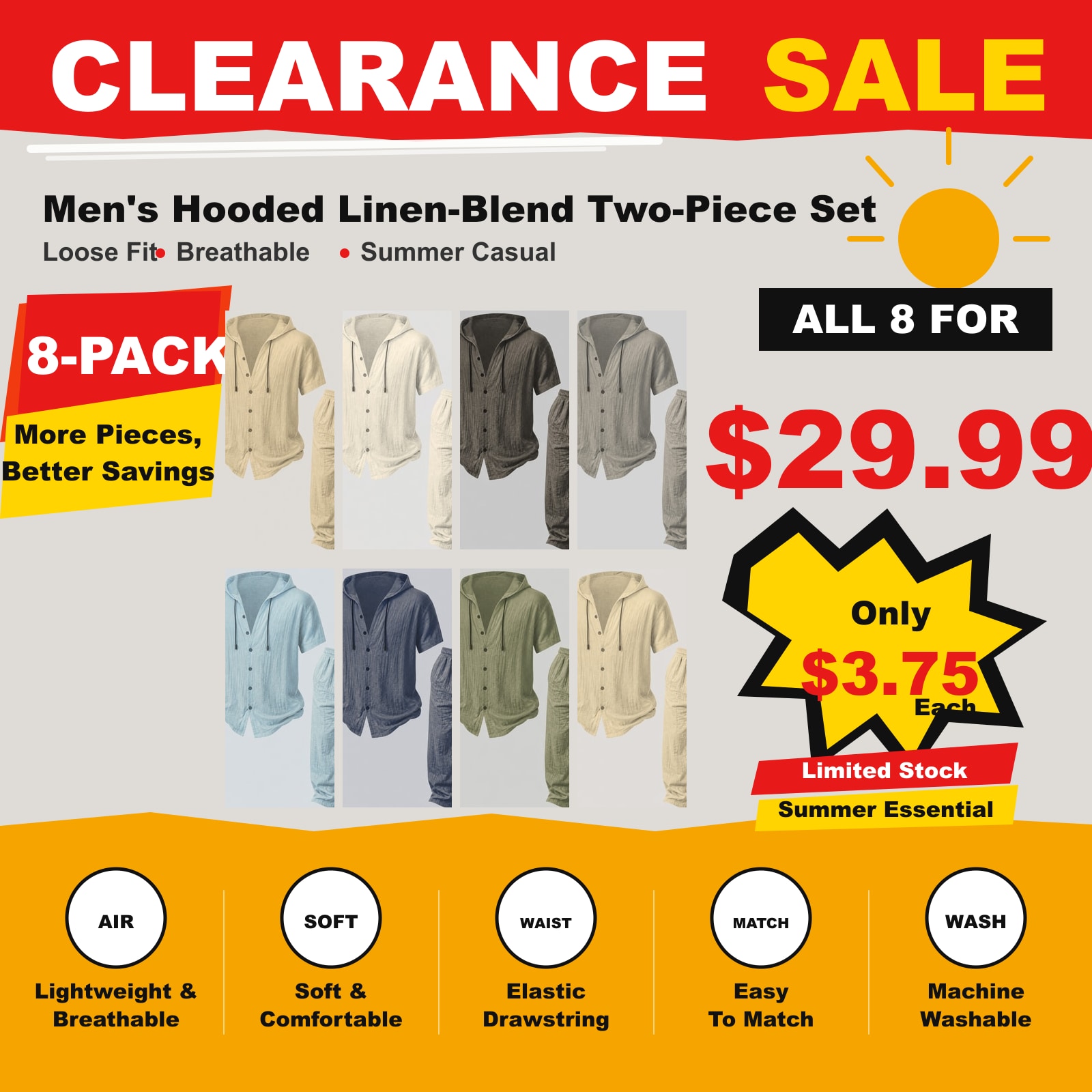 Mens Summer Hooded Sweatshirt Wide Leg Pants Set Mens Simple Casual Hooded Short Sleeve Shirt Button Loose Wide Leg Pants Holiday Relaxed Short Sleeve Two-piece Set 8 PCS Mixed Colors 8 PCS