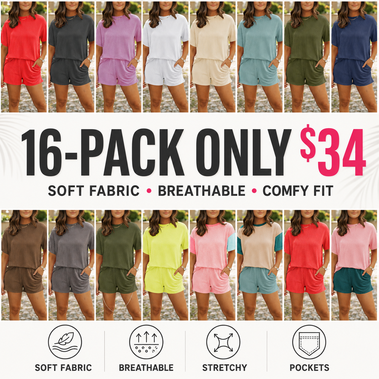 Women's Summer Ribbed Pajama Set with Pockets
