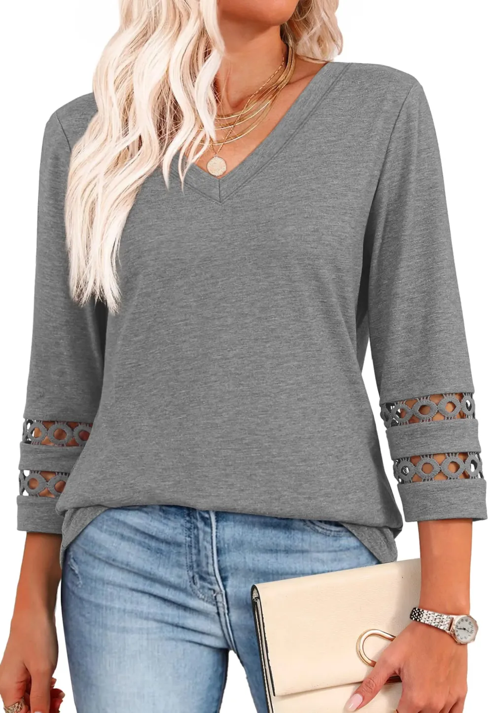 2026 Women's Trendy V-Neck T-Shirt with 3/4 Sleeves - Stylish & Comfortable Top