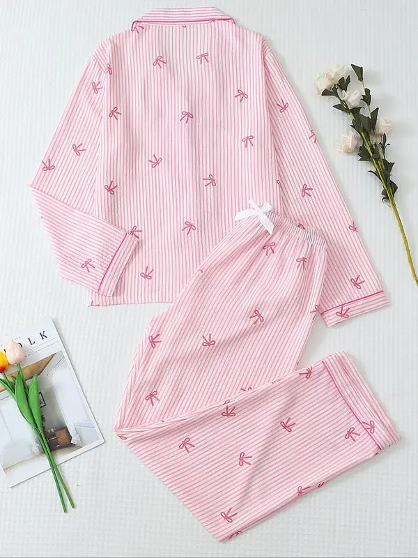 Women's Striped Bow Print LongSleeve Pajama Set, Sweet CuteButton Front Top and Pants
