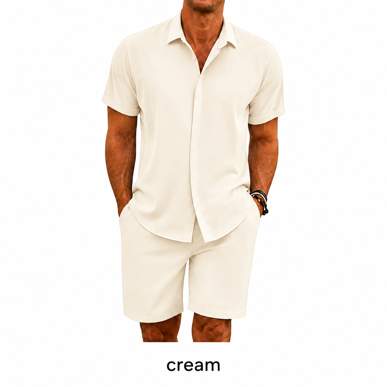 🔥Men's summer two-piece beach set (short-sleeved shirt and shorts), crafted from high-quality fabric with a linen-like texture—perfect for vacations and casual wear.🎉