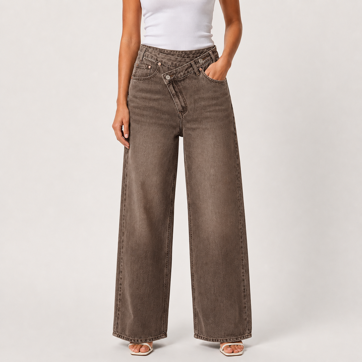 Mocha brown asymmetric wide leg denim jeans