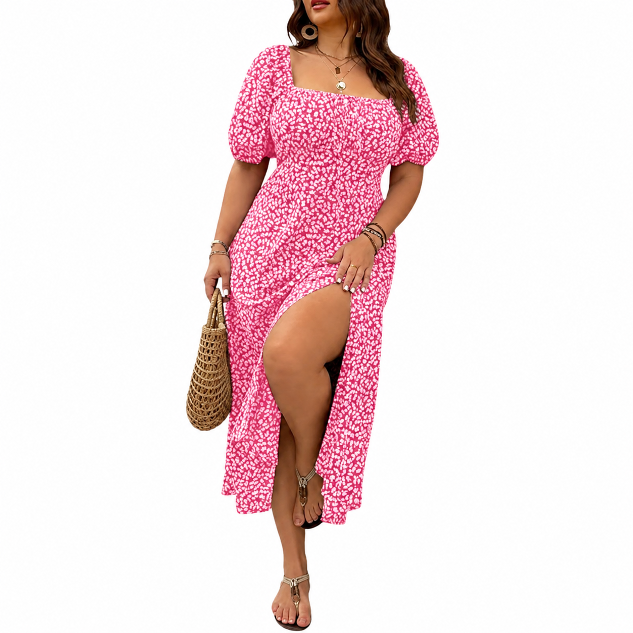 🔥Plus Size Ditsy Floral All Over Print Split Thigh Dress, Casual Puff Sleeve🎉