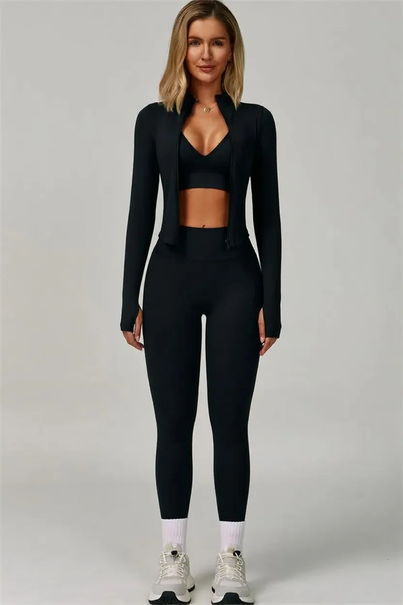 ⏰Limited-Time Sale💥Women's Solid Criss Cross Crop Tank Top & High Waist Leggings & Zip Up Crop Jacket Tracksuit Set