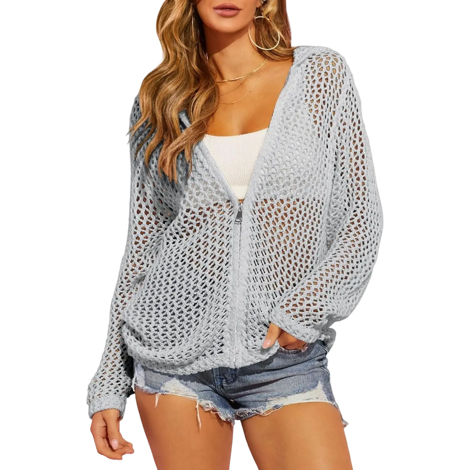 🔥Last Day of Sale🔥Women's Crochet Lightweight Cardigan Zip Up Hooded Knit Sweater