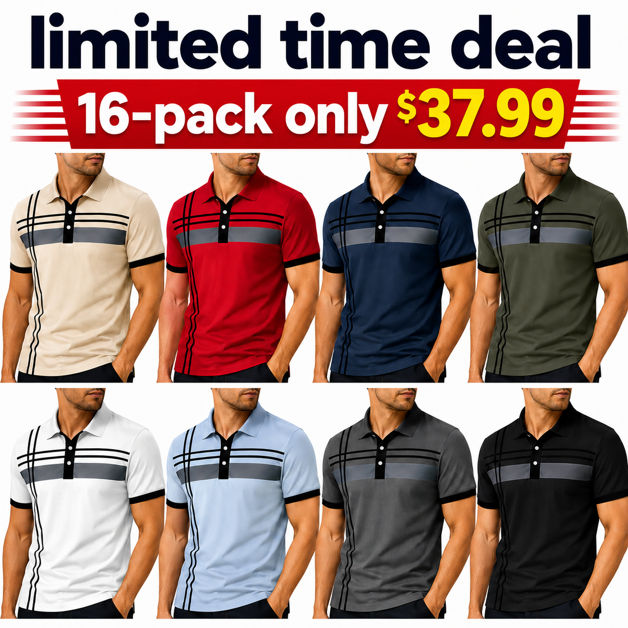 🎉Men's Striped Print Short Sleeve Polo Shirt, Regular Fit Trendy Casual Buttons Collared Top for Summer, Men's Clothes for Daily Wear, Printed Polo Shirts, Summer Polos🔥