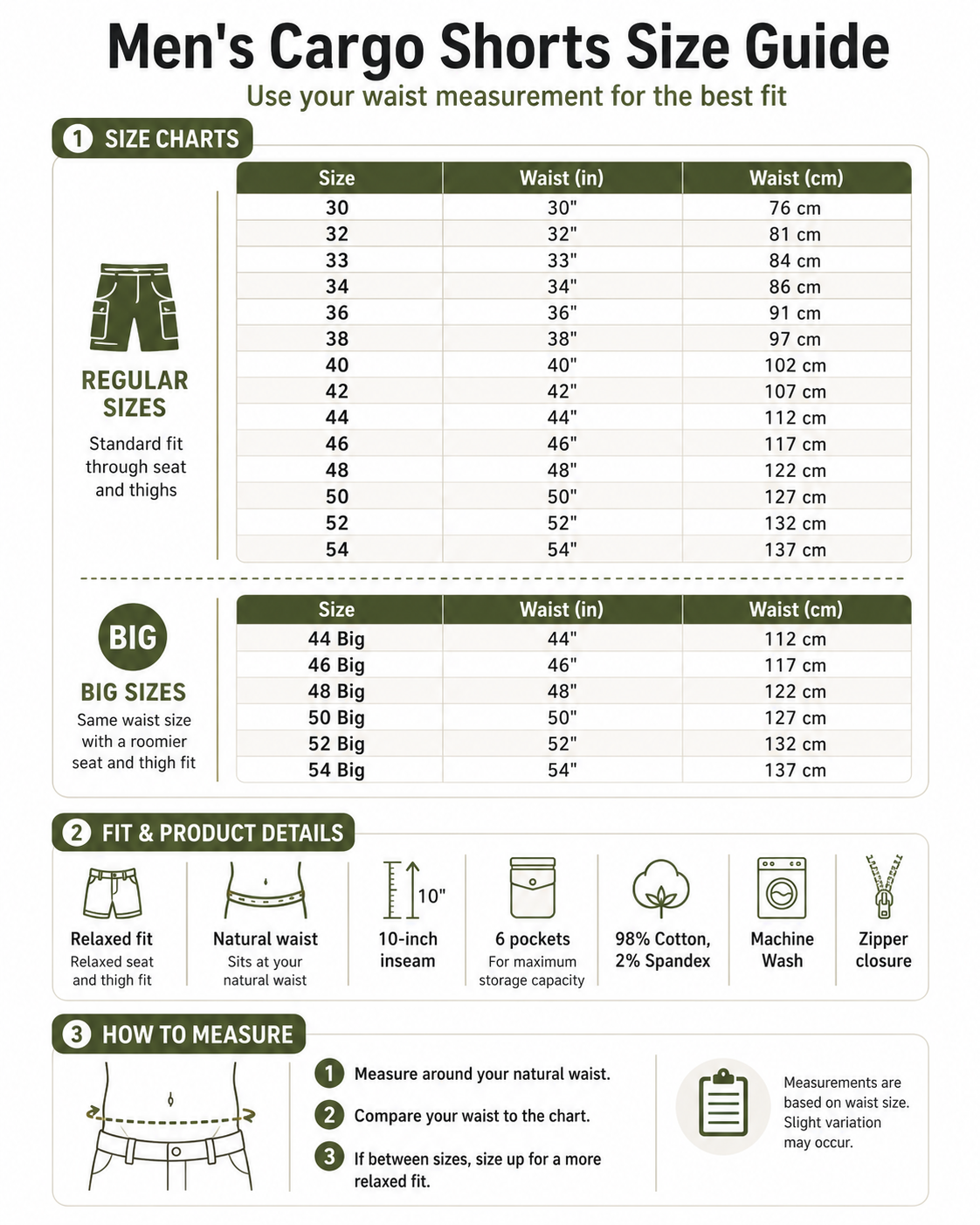 Men's cargo shorts size guide