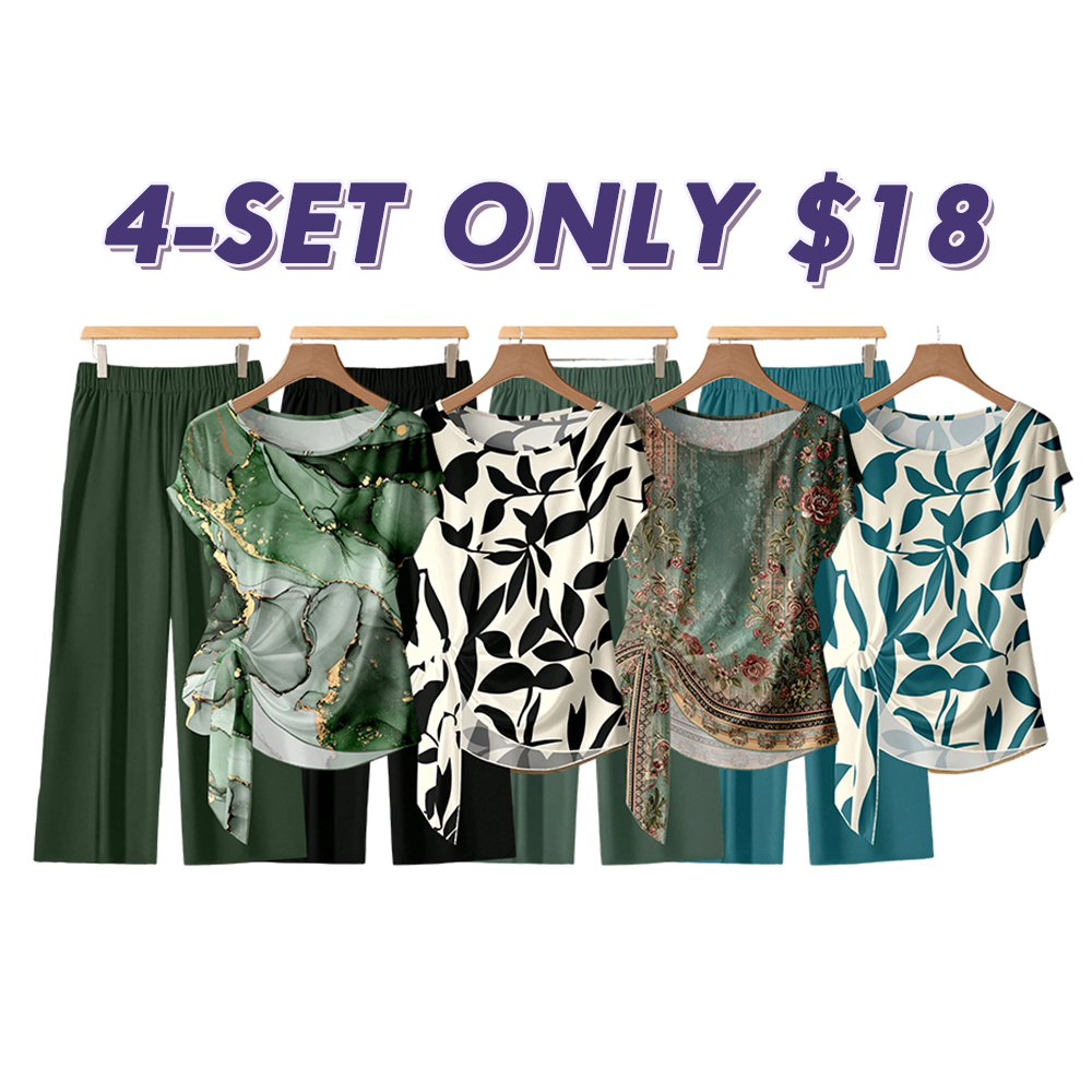 Women s Casual Printed Necktie Shirt & Loose Straight Pant Set