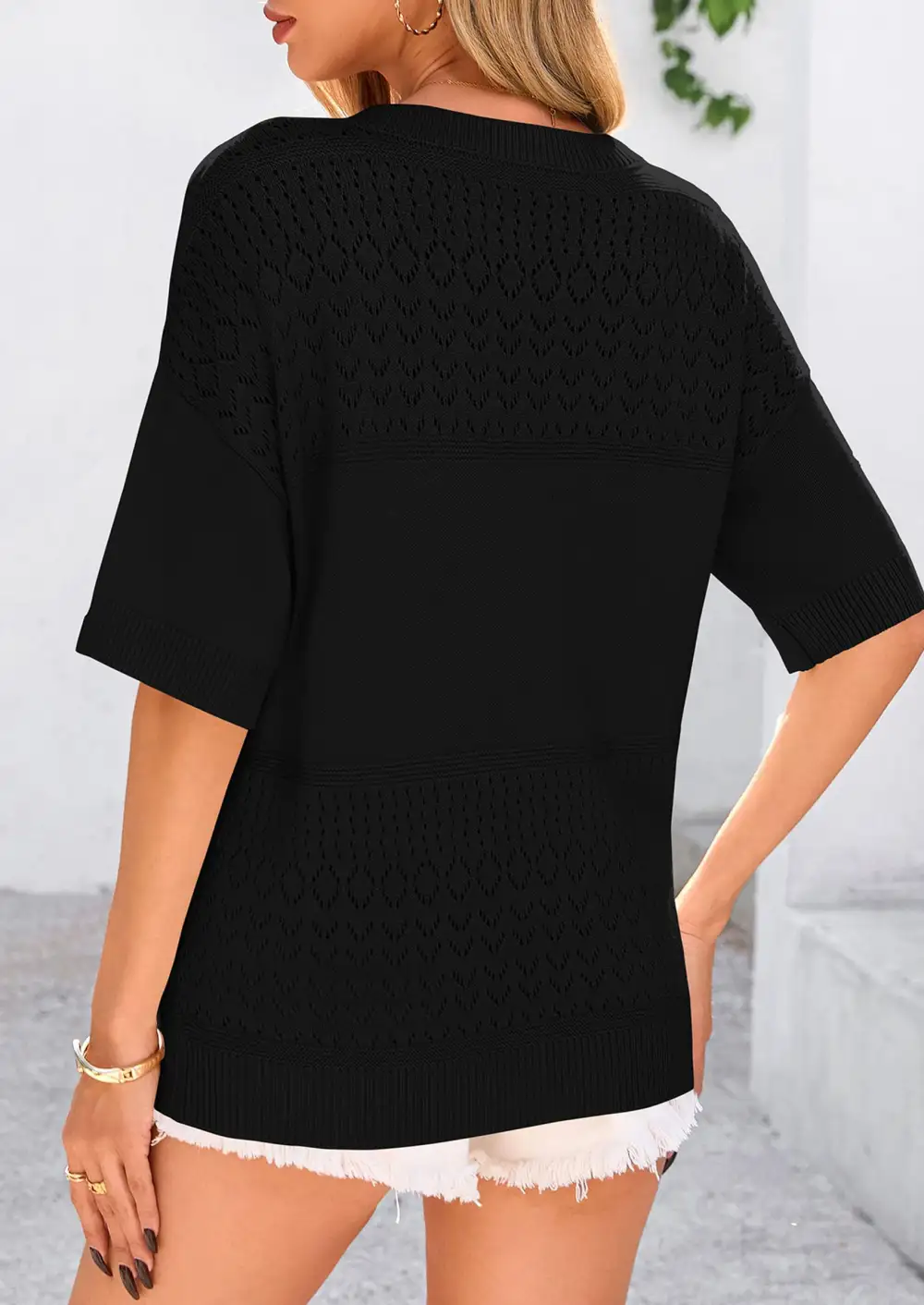 Women's ShortSleeve Sweater Tops SpringSummer Casual V Neck Ribbed KnitTrendy Eyelet Blouse T Shirts