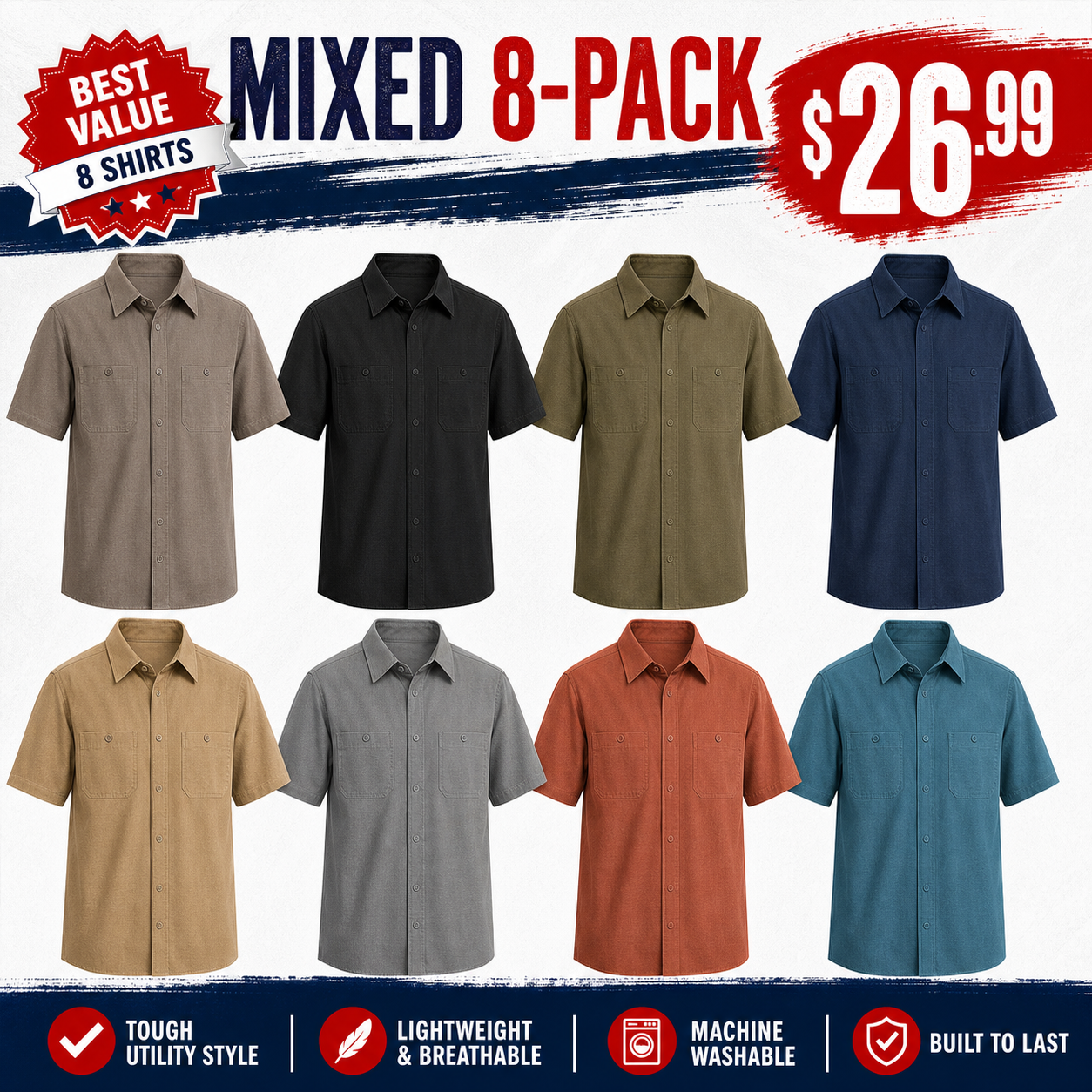 Mixed 8-Pack men's utility shirt bundle
