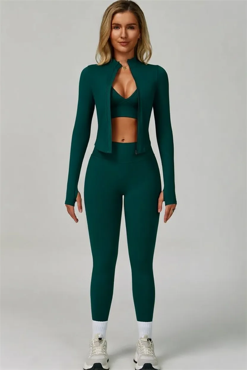 ⏰Limited-Time Sale💥Women's Solid Criss Cross Crop Tank Top & High Waist Leggings & Zip Up Crop Jacket Tracksuit Set