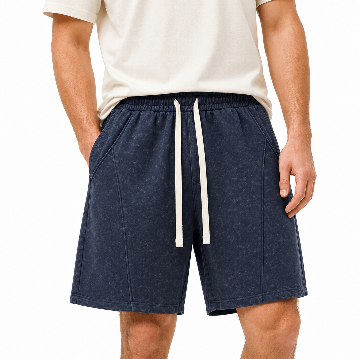 Navy blue men's casual shorts front view