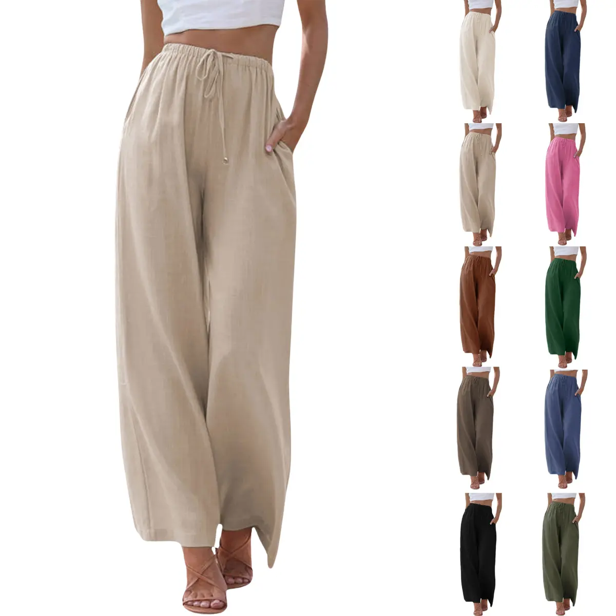 Women's  Cotton Linen 2026 Summer Palazzo Pants Flowy Wide Leg Beach Trousers with Pockets Casual Wideleg