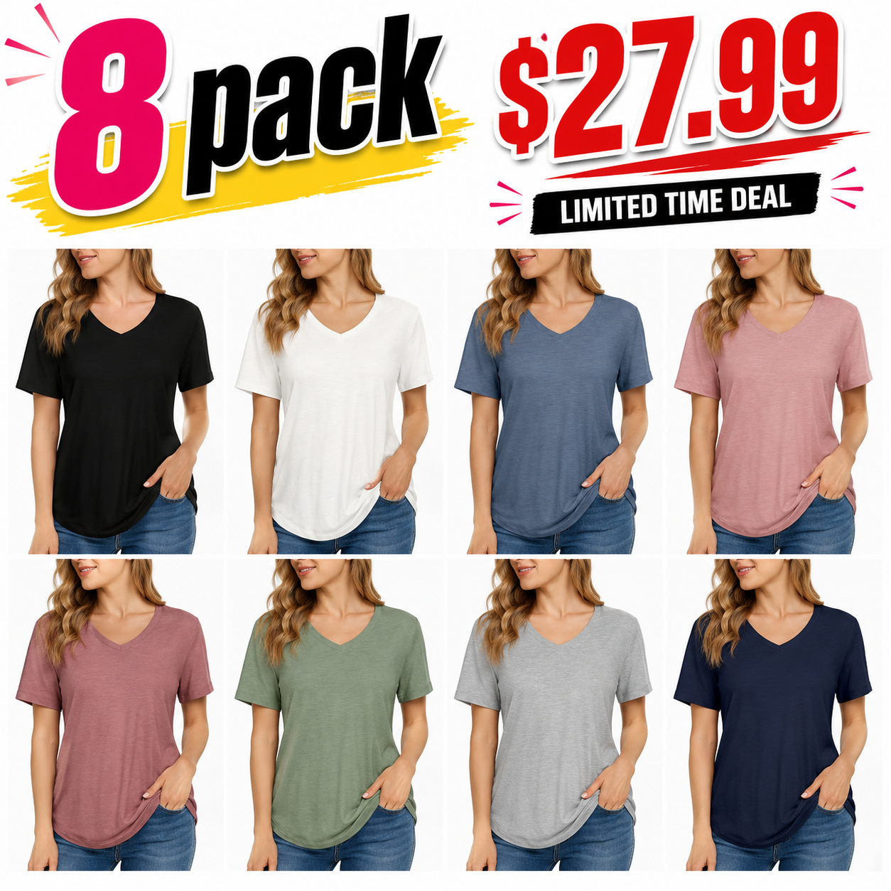 4 Pack V Neck T Shirts for Women Basic Tees Casual Short Sleeve Shirts Loose Fit Plus Size Tops Plain Summer Clothes