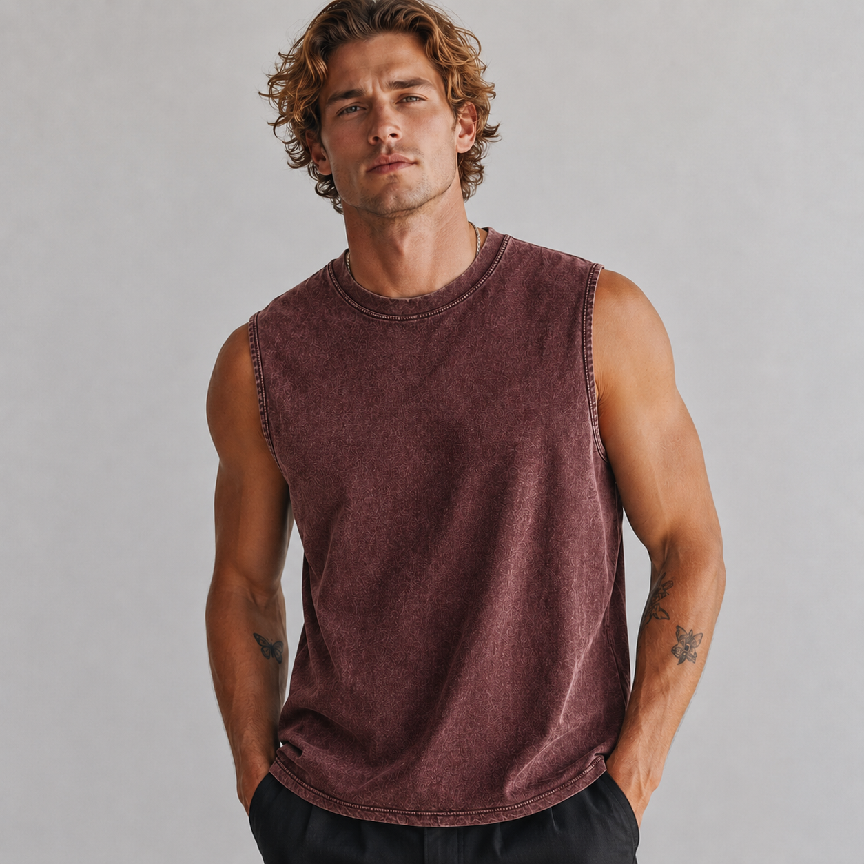 Washed Burgundy men's sleeveless tank top
