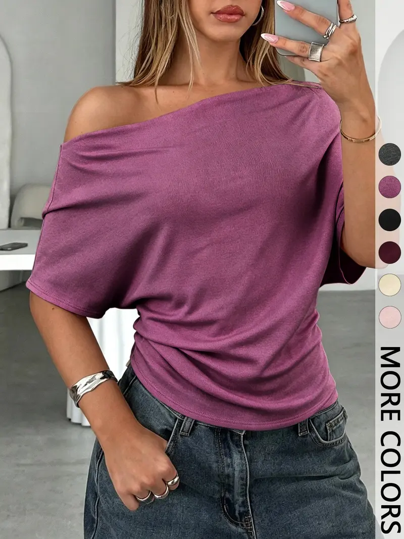 Mauve purple off-shoulder draped batwing top
