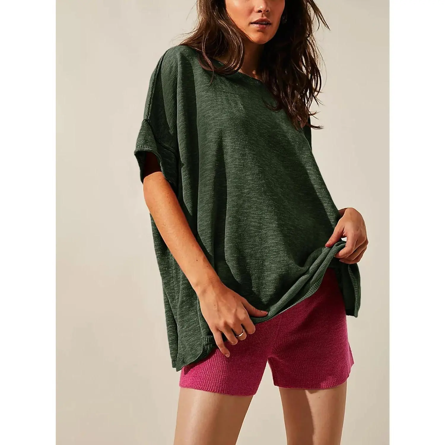 Women's Oversized T Shirts Casual Summer Crew Neck Loose Dropped Short Sleeve Side Slit Hem Blouse Tunic Tops Sweater Tee
