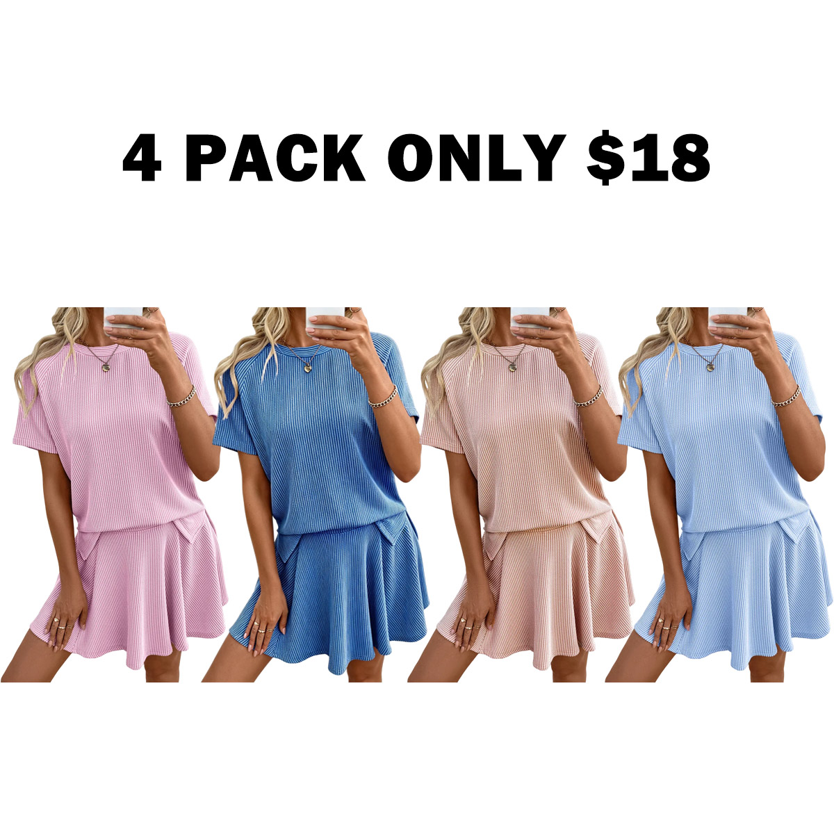 Women's 2 Piece Sets Ribbed Knit Short Sleeve Tops & Lined Pleated Mini Skirt Lounge Sets